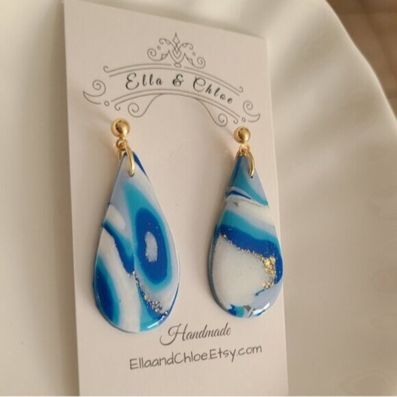 HandCrafted Gold Blue White Agate Gemstone Resin Large Tear Drop Dangle Earrings - Picture 7 of 8